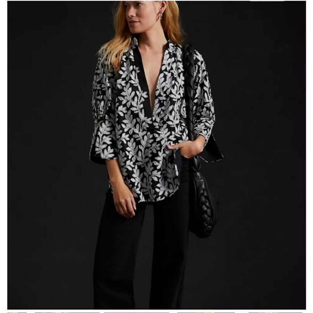 Anthropologie Popover Blouse Black White With Floral Embroidery S